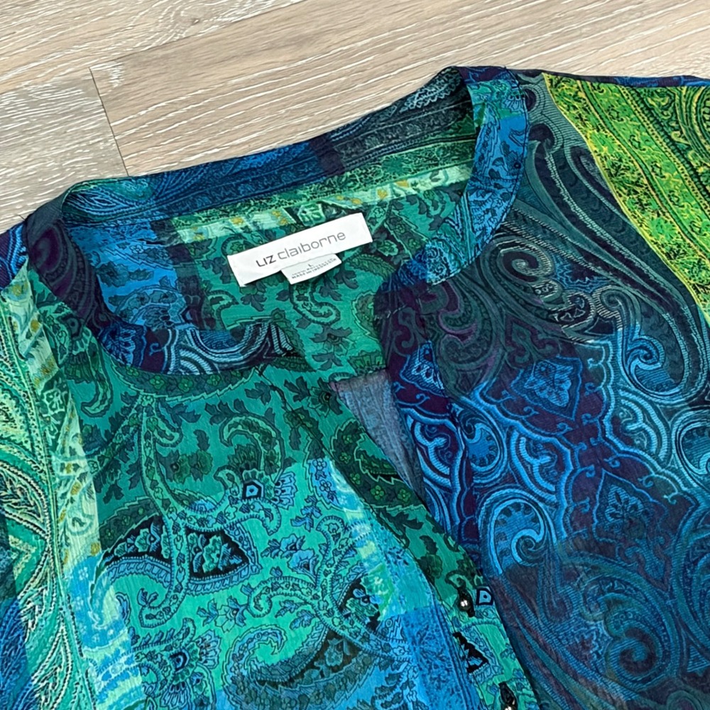 Liz Claiborne Teal Green Paisley Patchwork Split Neck Blouse Large